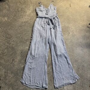 Maeve Women's Blue White Pinstriped Jumpsuit Sz 4 Nautical Coastal Boho Button